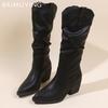 Зимние женские сапоги с острым носком, кожаные, плиссированные, на толстом среднем каблуке, ретро-обувь 2025 года, дизайнерские туфли-лодочки в готическом стиле Botas De Mujer