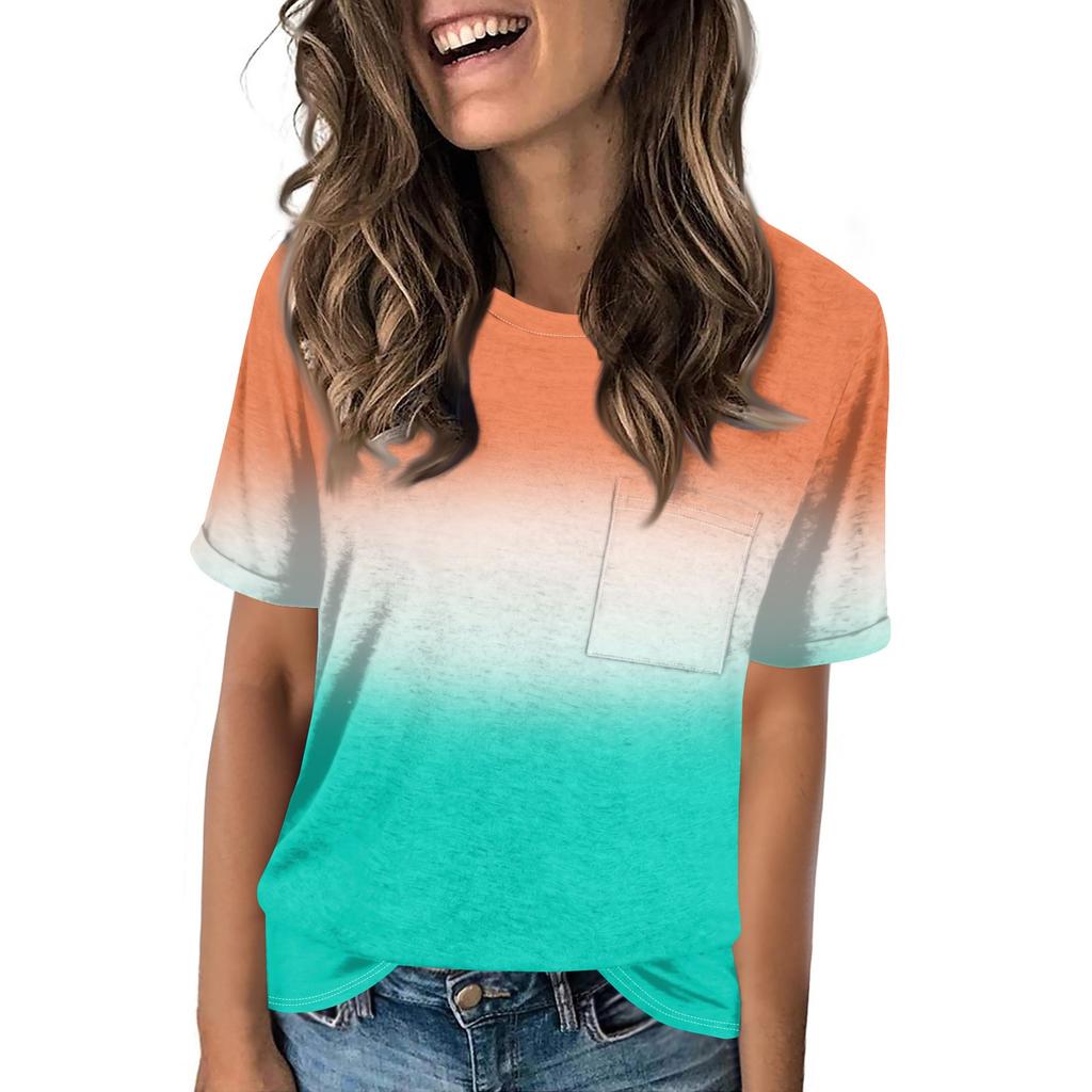 Women's Pocket Gradient Print Summer Short Sleeve Round Neck Casual Loose T-shirt Top