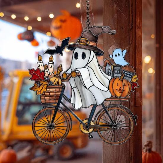 Halloween Ghost Ride Ornament with Lanyard Solar Trap Witch Hat Pumpkin Passenger Hanging Pendant Sun Catcher