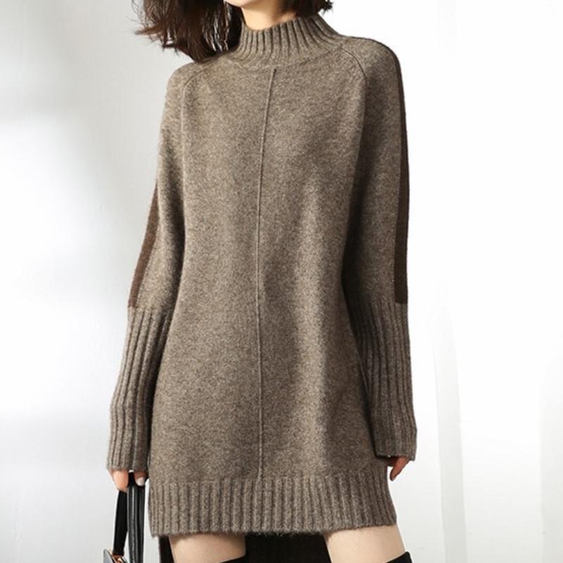 IHUASU Осенне-зимний джемпер с полувысоким воротом, женское трикотажное платье средней длины, свободная рубашка с толстым низом