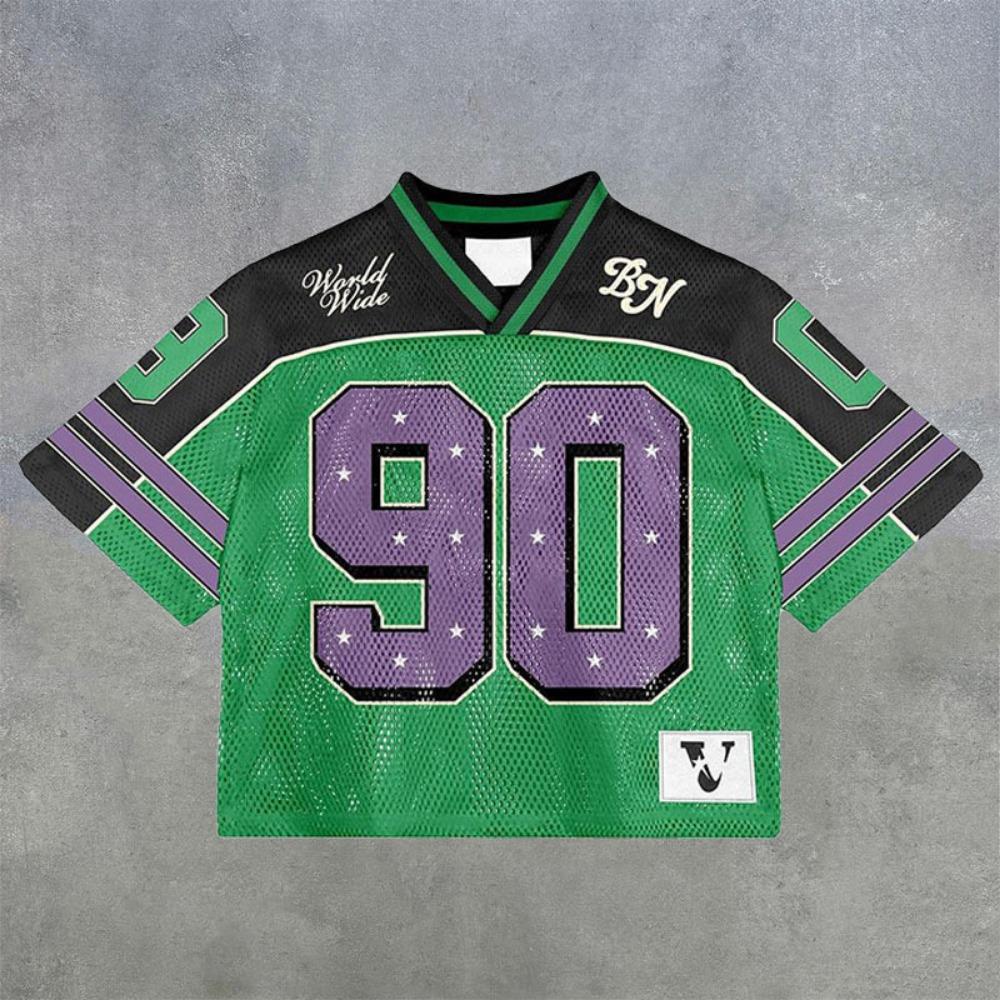 Американская футболка Harajuku Splicing Retro Trend Hip-hop Baseball Sports с короткими рукавами для мужчин, свободная сетчатая футболка с принтом для пар