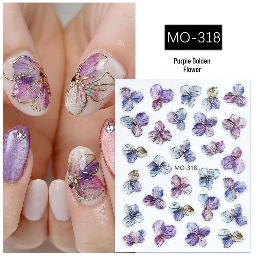 Fragrant Dreamy Purple-Gold Floral Embossed Nail Stickers