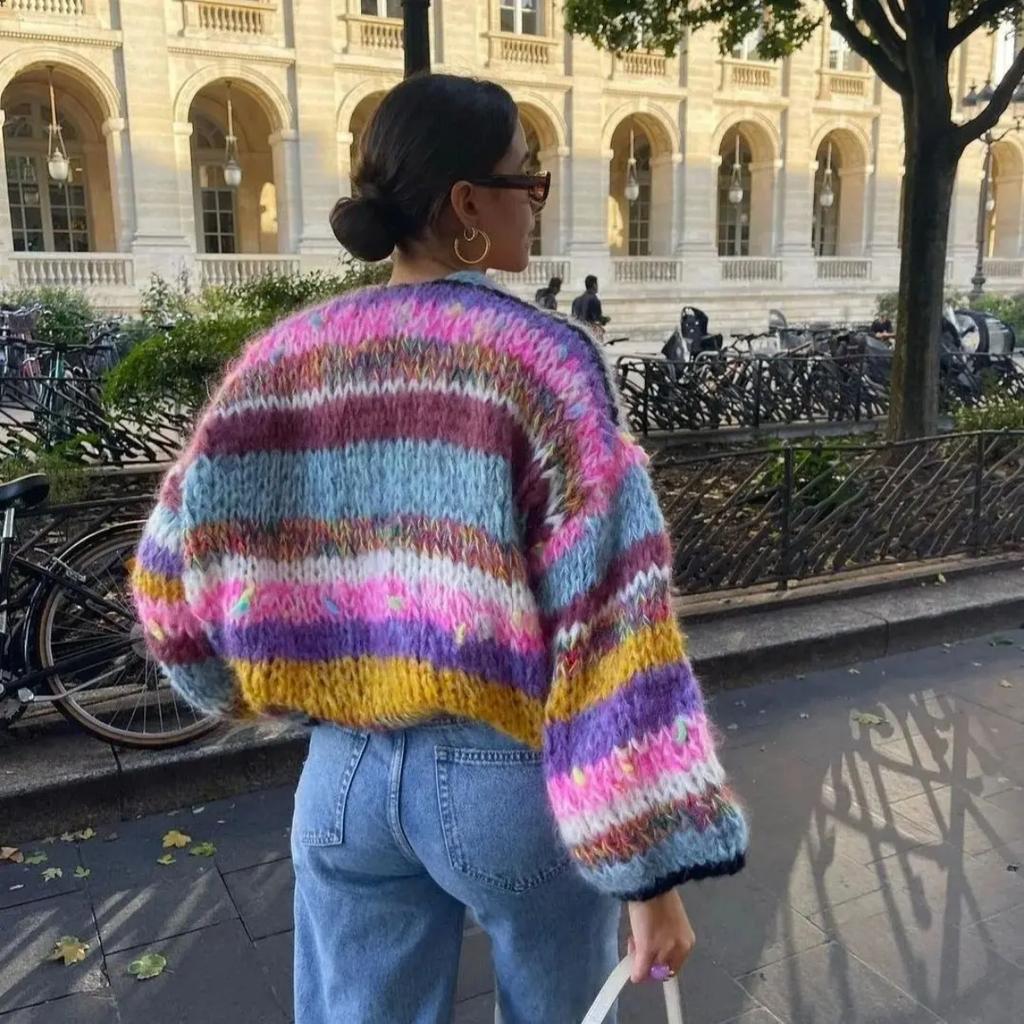 Women Cardigan Sweater Colorful Striped Knitted Coats Long Sleeve Knitwear Jackets Fall Winter Casual Versatile Cardigan