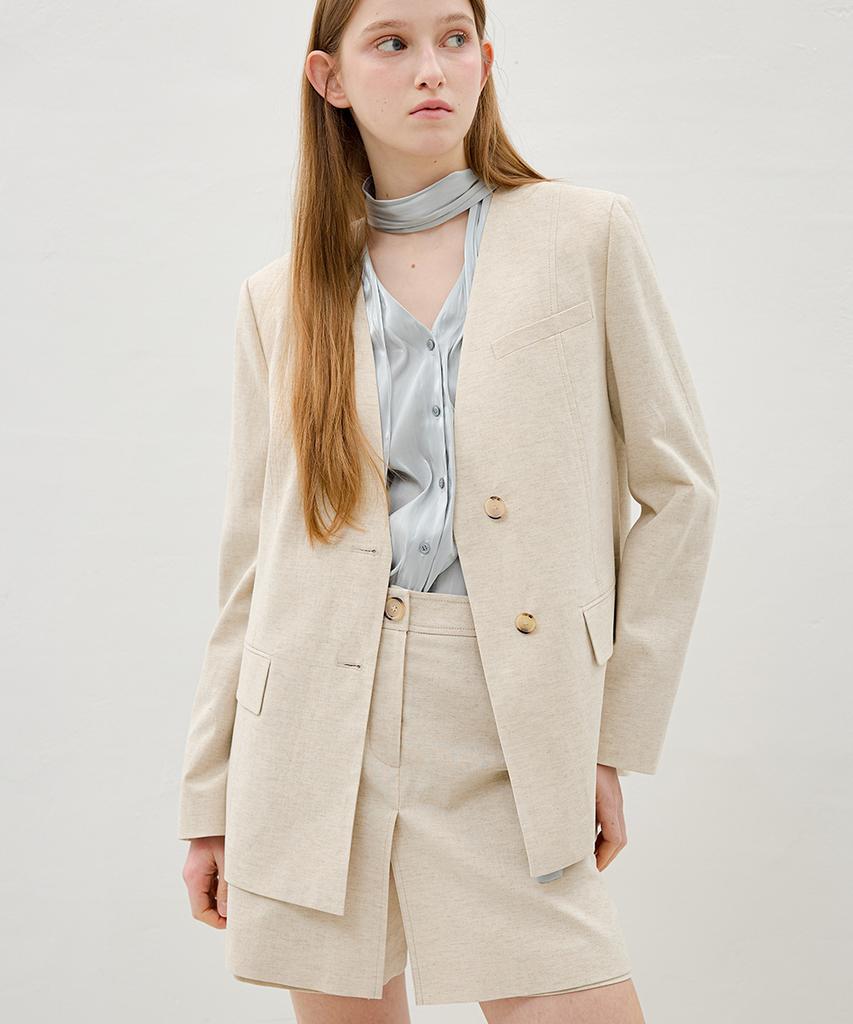 Olive Des Olive Linen Blend Collarless V-Neck Jacket Ow6Mj3010