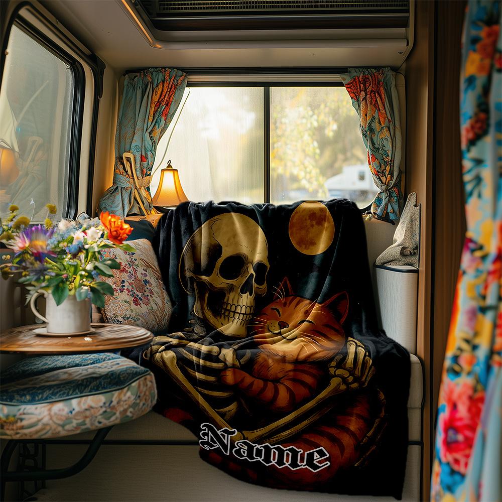 Skull Embraces Cat Under Moonlight Artwork Rv Blanketcustomizable With Your Namecomfortable And Stylish Perfect For Rv Travel Beds Chairs Offices