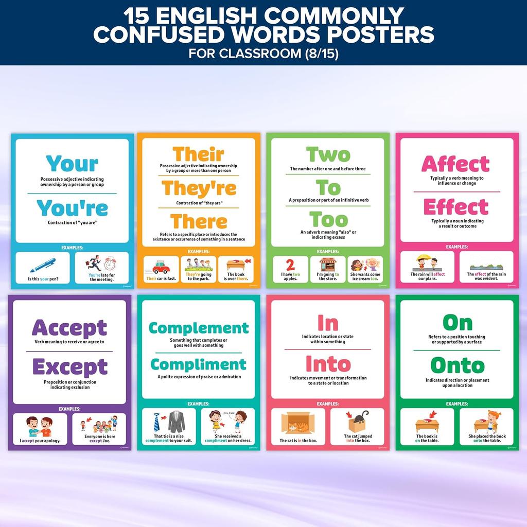 Decorably 15 Commonly Confused Words Poster Set, 11x14in Matte-Laminated Educational ELA Posters for Middle School - Classrooms, School Hallways,