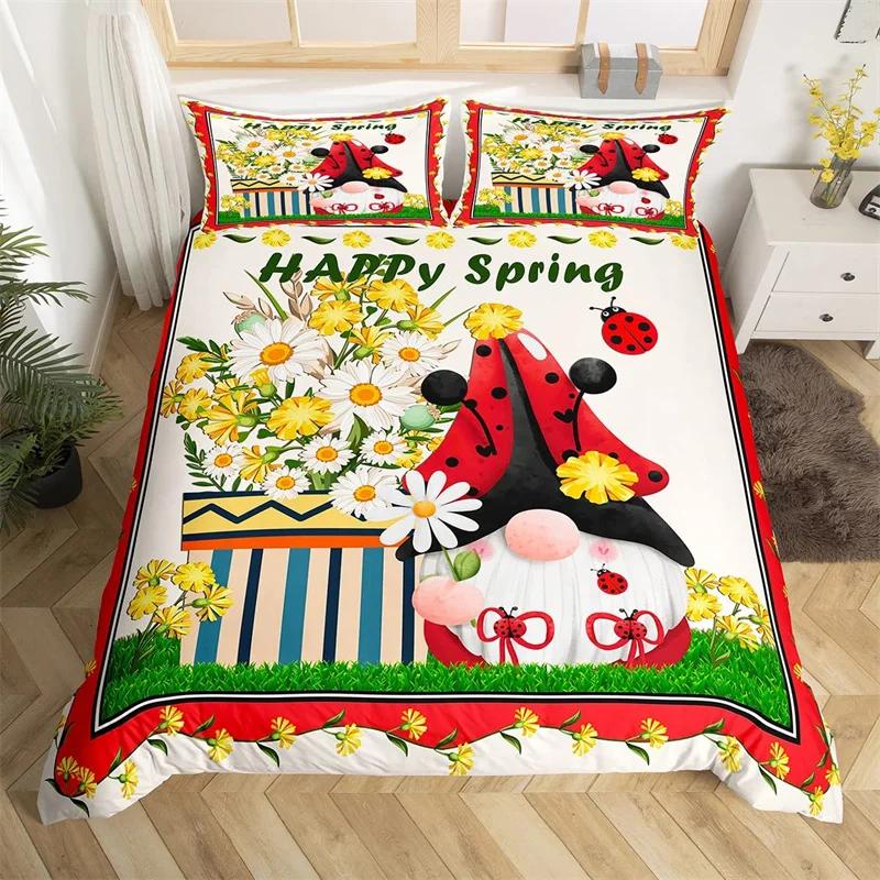 Spring Flower Gnomes Duvet Cover Romantic Rose Floral Bedding Set Microfiber Lovely Christmas Dwarf Quilt Cover Twin King Size