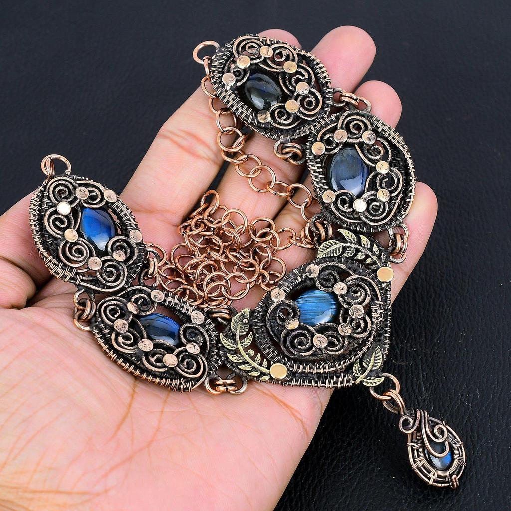 Ожерелье из лабрадорита, ювелирное изделие из драгоценного камня, ожерелье с регулируемой цепочкой, обернутое медной проволокой 999 пробы, подарок для женщин, ожерелье ручной работы