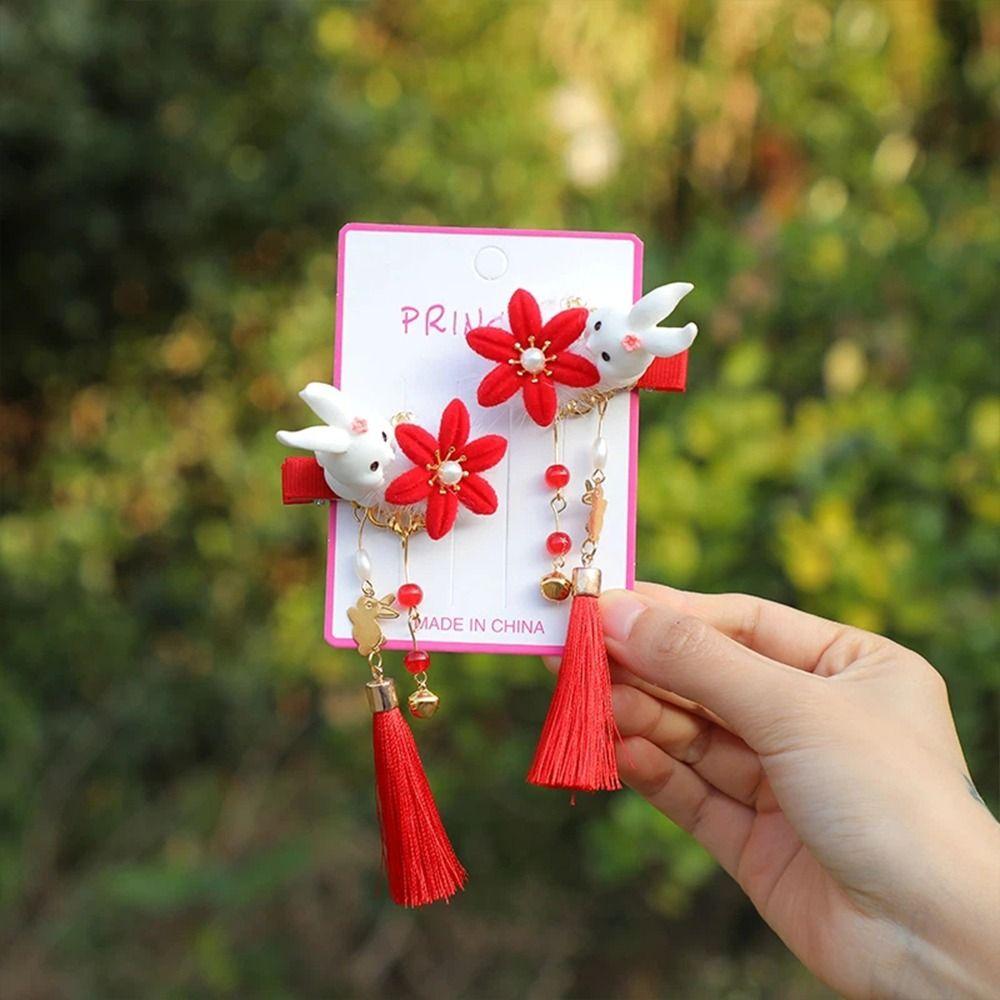 Velvet New Year Hanfu Rabbit Tassel Hair Clips Children Hairpin Kids Barrettes Hair Accessories