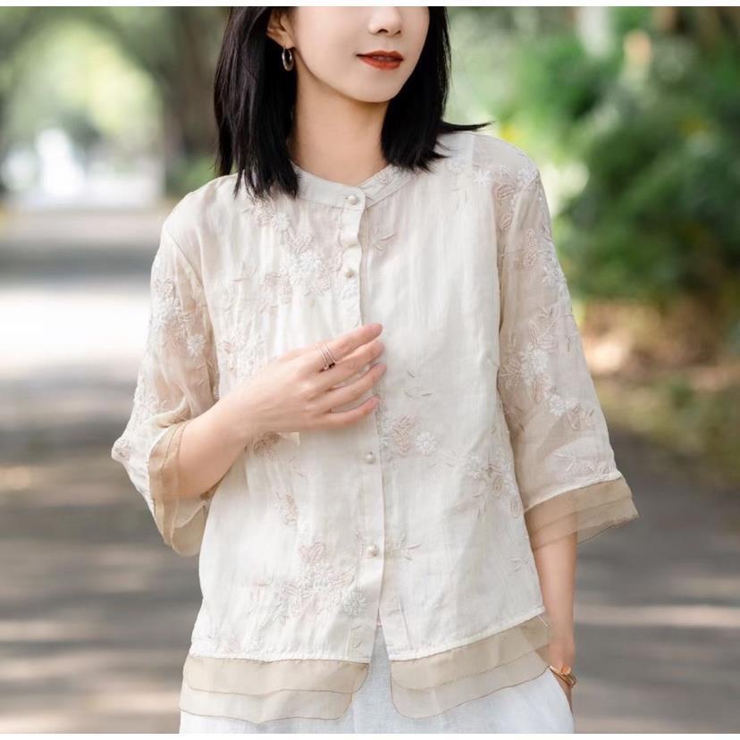 Летний литературный и ретро вышитый хлопково-льняной топ, рукав семь четвертей, этнический стиль, рубашка с вставками, женственный темперамент