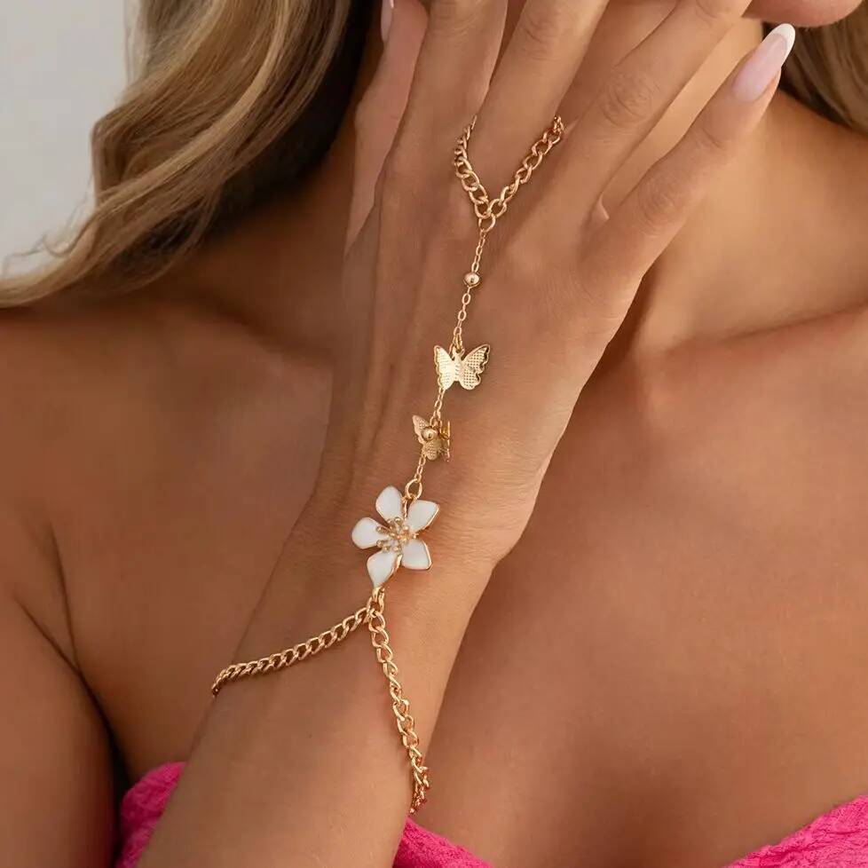 Salircon Romantic Sweet Butterfly Tassel Flower Finger Bracelet Women Elegant Charm Drip Oil Floral Ring Bangle Banquet Jewelry