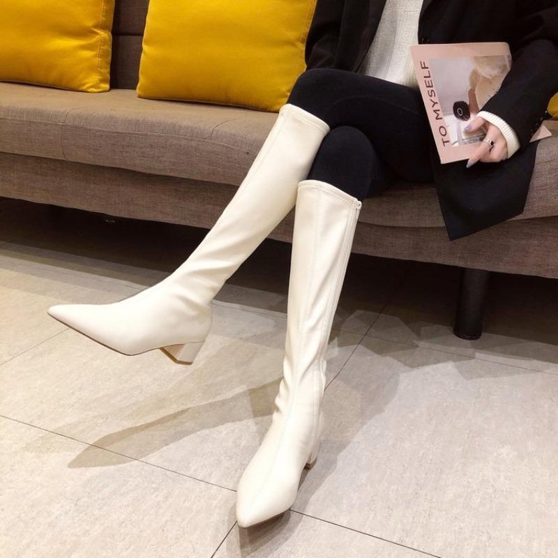 Осенне-зимние модные женские сапоги до колена с острым носком на толстом каблуке с острым носком на молнии женские высокие сапоги