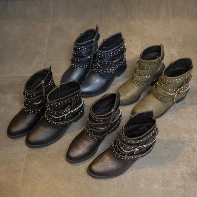 Новые женские мотоциклетные ботинки на квадратном каблуке, ботильоны с заклепками и молнией, женские уличные туфли, ковбойские ботинки, большой размер 43