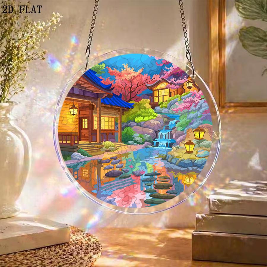 1Set/83pcs 18.8Cm Acrylic Jigsaw Puzzle, Japanese Style Japanese And Chinese Style Spring Cherry Valley Courtyard Theme Design, Acrylic Sun Catcher Wi