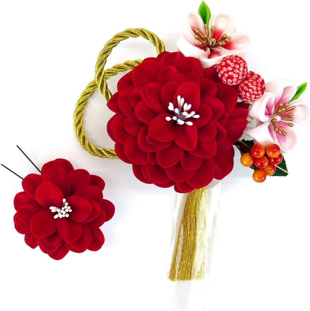 hair accessory set for and formal Tsumami Zaiku Flower Two-piece furisode, coming-of-age ceremonies, graduations, occasions. wk-095 (Red)