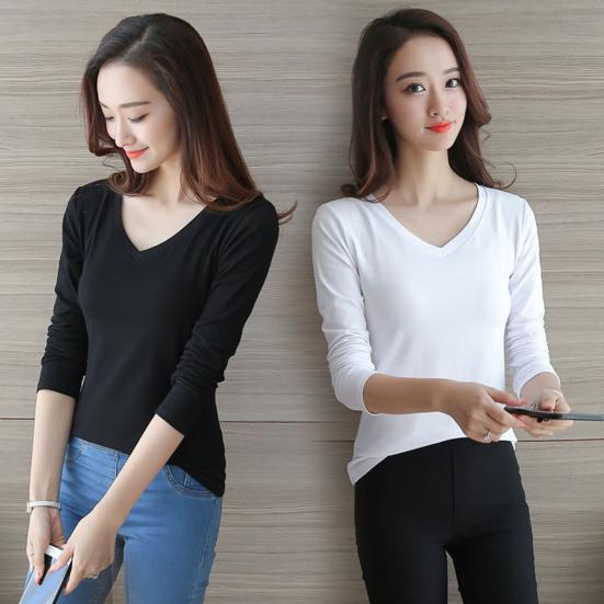 Женская футболка с круглым вырезом и V-образным вырезом, облегающий пуловер с длинным рукавом, эластичная ткань