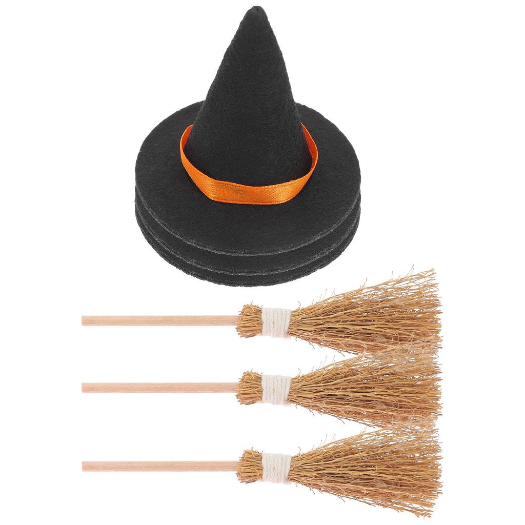 3Set Small Witch Hat Broom Set Add Festive Touch to Environment with Unique Props for Halloween Celebration and Craft Projects