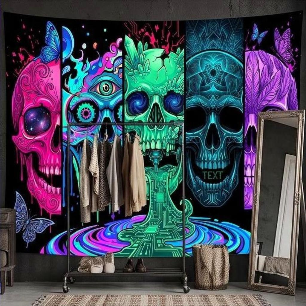 Psychedelic Skull Tapestry, Neon Butterfly Gothic Art Mandala Boho Wall Hanging, Large Room Decor for Hippie Aesthetic Party Background