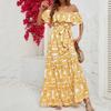 Summer New Print Ruffled Off Shoulder Sexy Dress Women Elegant Slash Neck A Line Casual Long Dresses Women Lace-up High Waist Vacation Dress 26168