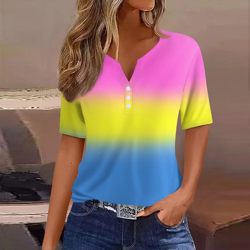 Жен. Футболка Футболка С принтом Пуговицы С короткими рукавами Повседневные Выходные Мода Классический V-образный вырез Обычный Верх