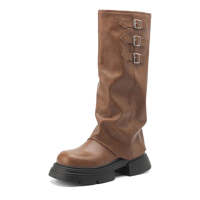 Новые женские сапоги Высокое качество Модные с круглым носком Однотонные с пряжкой На среднем каблуке Сапоги-чулки женские высокие сапоги
