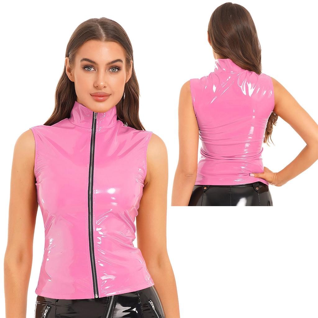 Женские топы на бретелях с мокрым эффектом, жилет без рукавов на молнии, куртка из лакированной кожи с воротником-стойкой для ночного клуба