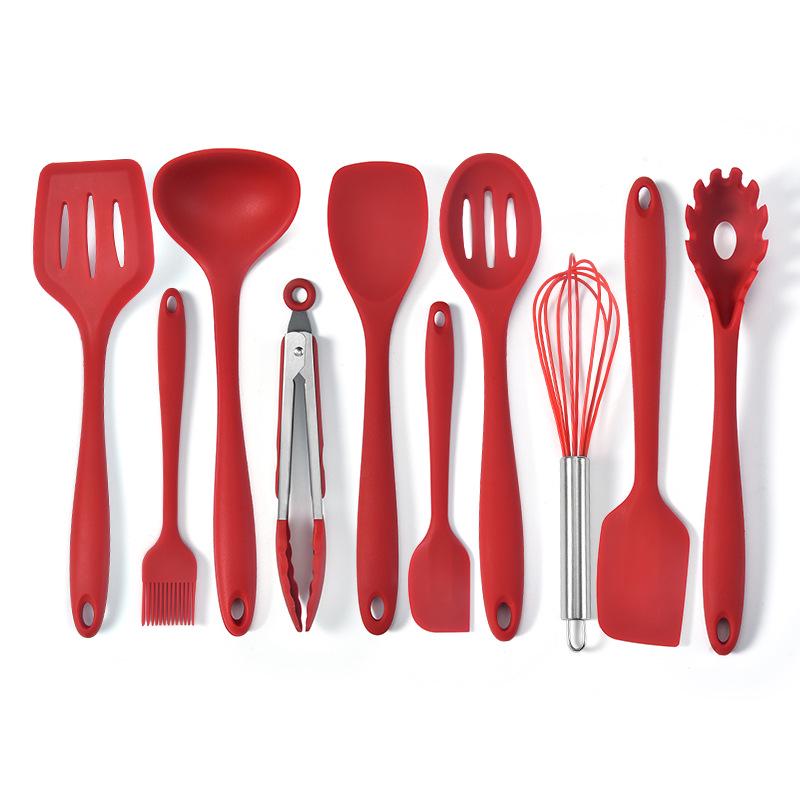 10-Piece Non-Stick Silicone Kitchenware Set: Includes Large Colander, Cooking Spoon, Shovel, Porridge Spoon, and Scraper for Baking.