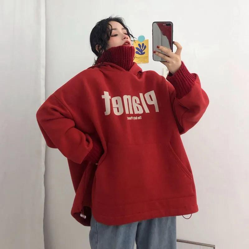 Свитер больших размеров, женский осенне-зимний свободный ложный двухсекционный утолщенный свитшот с капюшоном и высоким воротником, удобный пуловер с баской, топы