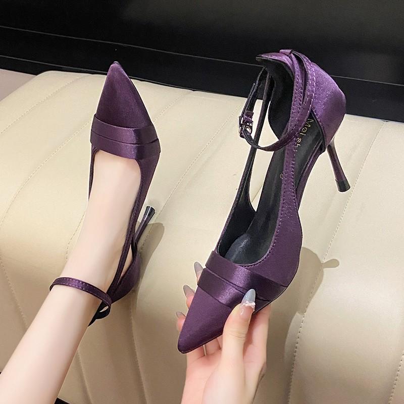 Fashion 2025 New Sexy Satin High Heels Pumps for Women Summer Ankle Strap Thin Heeled Ladies Shoes Pointed Toe Party Wedding Shoes
