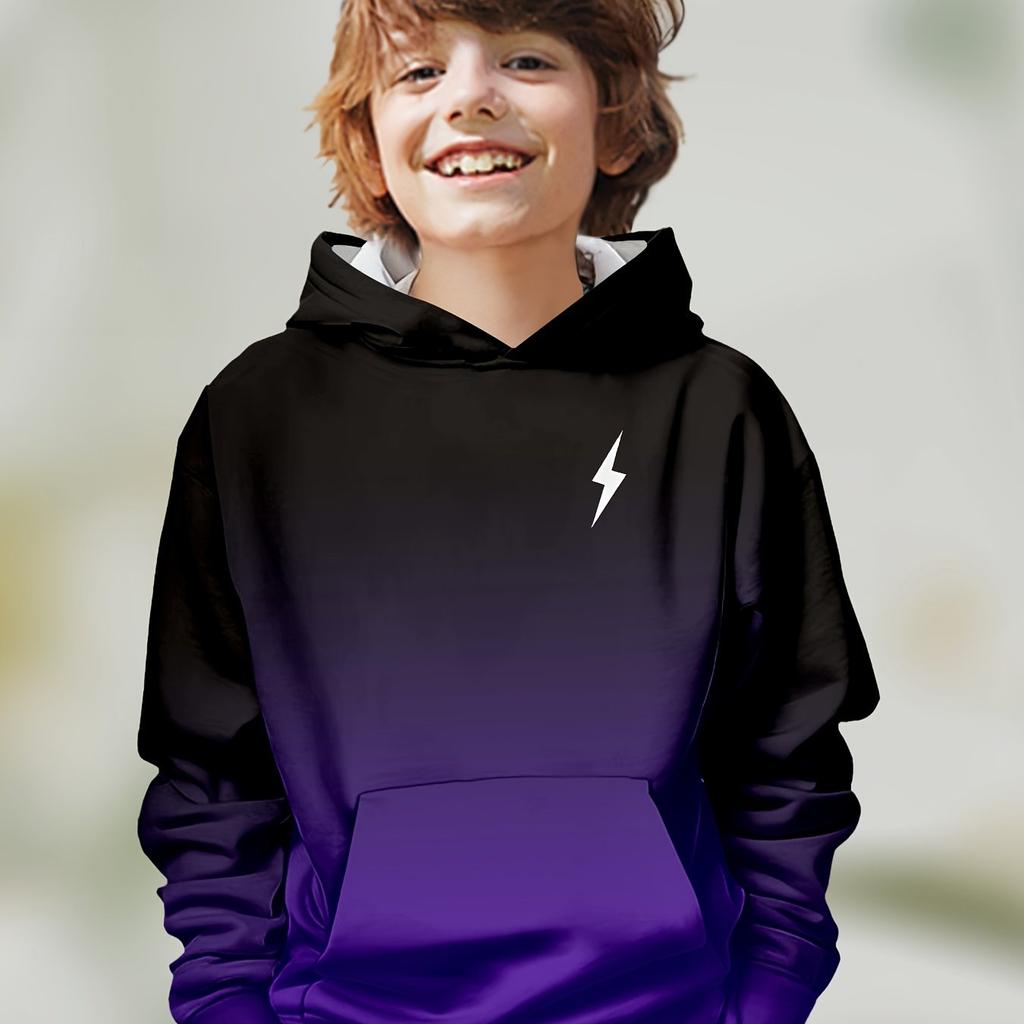 Стильная толстовка с капюшоном с градиентным 3D-принтом для мальчиков — дышащий, эластичный трикотаж, легкий в уходе длинный рукав, с карманами
