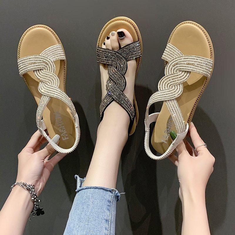 Модные женские босоножки на танкетке со стразами, летняя мода в стиле бохо с открытым носком, на толстой платформе, с пряжкой на ремешке, нескользящая обувь