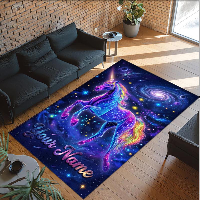 Unicorn Theme Crystal Velvet Floor Rug Personalized Custom Name Text Warm Carpet Home Decoration