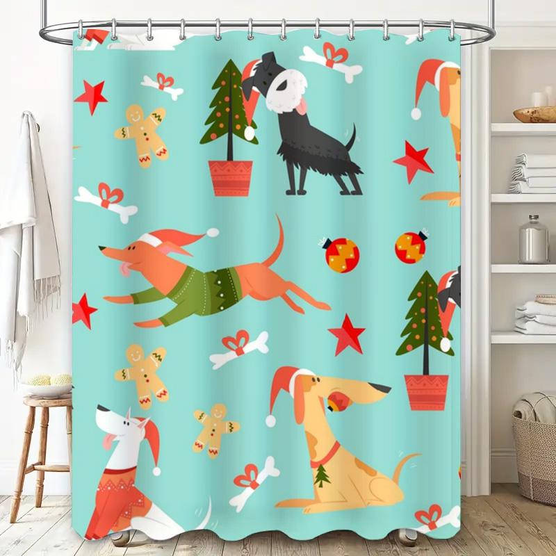 Vibrant Pet Holiday Shower Curtain Dog Christmas Decorations Fabric Print Bathtub Covering Waterproof Plush Bath Mat Festive Dog