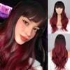 Women Fashion Long Wavy Ombre Red Wine Color Wig with Bangs Synthetic Fiber Wavy Wig for Women
