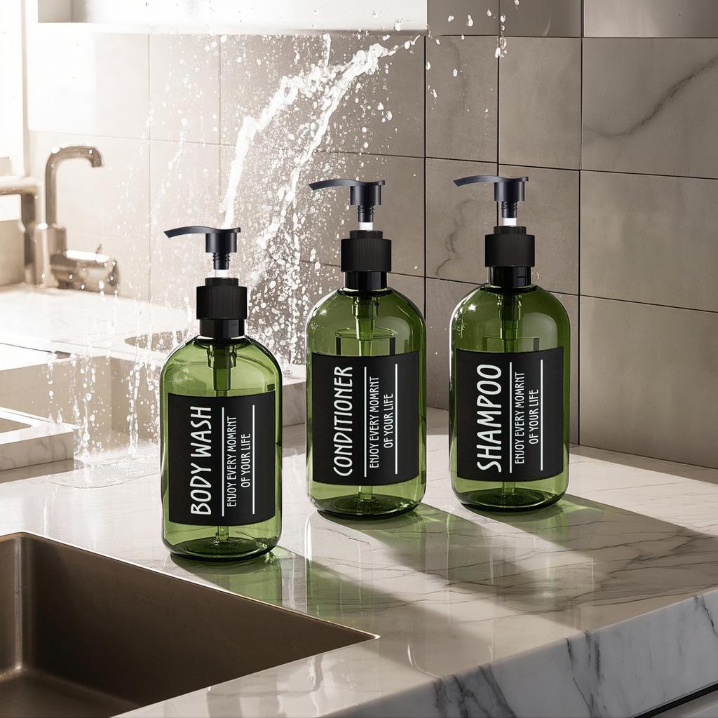 3pcs 500ML Round Bottles Green /Amber Lotion Bottle Plastic Soap Dispenser Portable Shampoo Conditioner Dispensers with 6 Labels