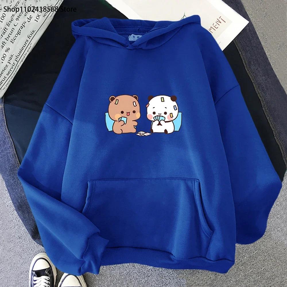 Милые Бубу и Дуду играют в покер с капюшоном и рисунком медведя панды, толстовка с длинным рукавом для женщин, кавайные топы