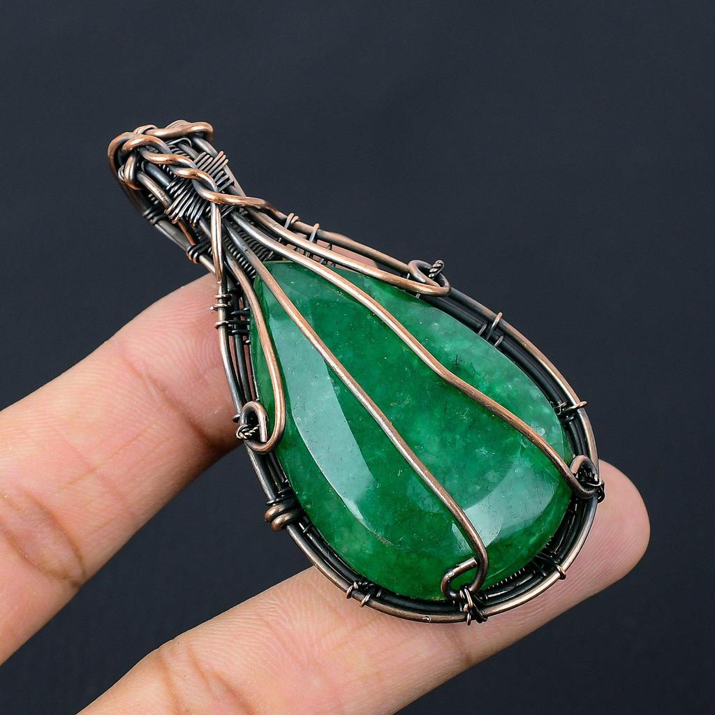 Lab-Created Emerald Gemstone Pure Copper Wire Wrapped Handmade Pendant Jewelry