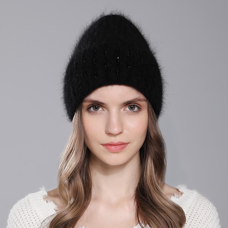 Winter Hat For Women Warm Knitted Angora Rabbit Fur Beanies Fashion With Bead Hats Female High Quality Casual Luxury Cap