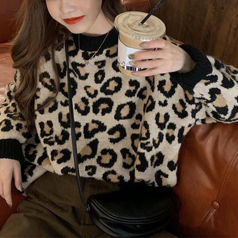Свитер с леопардовым принтом, женский свободный толстый вязаный повседневный пуловер