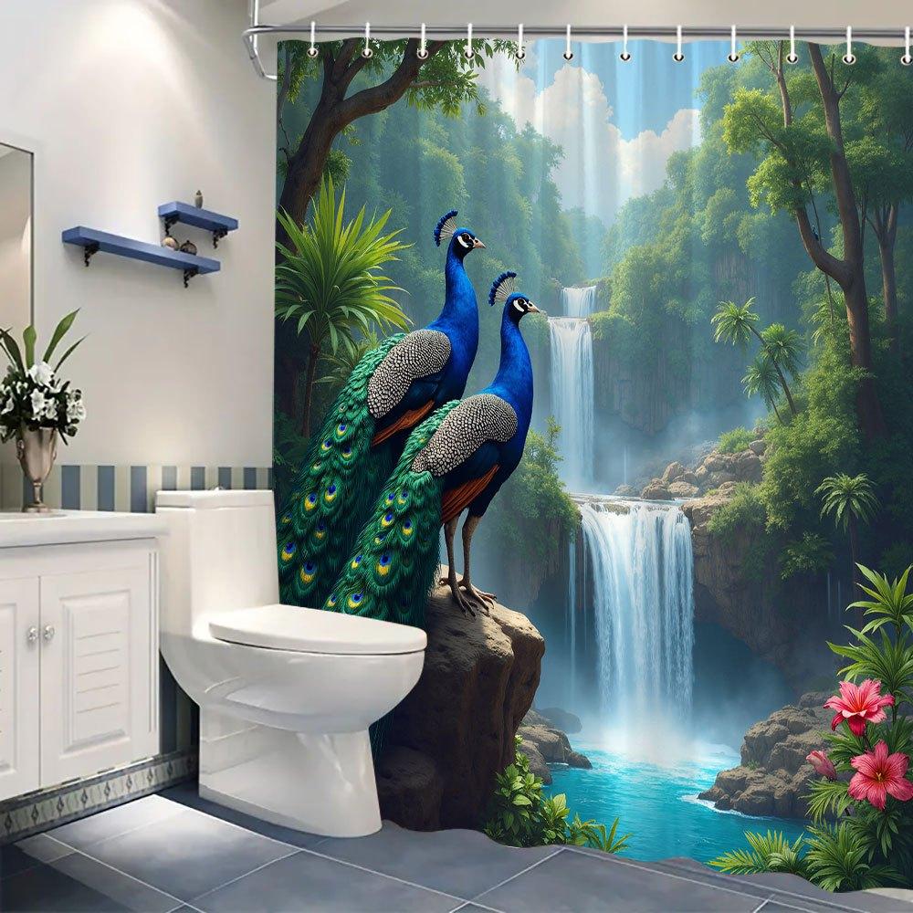 Tropical Forest Waterfall and Majestic Peacocks Waterproof Shower Curtain for Bathroom Decor