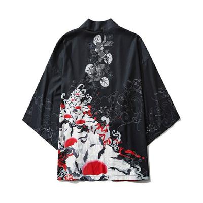 AiO JAPAN Хаппи Коат Фестивальный Халат с Дизайном Восходящего Карпа и Цветов Черный Хлопковый Костюм