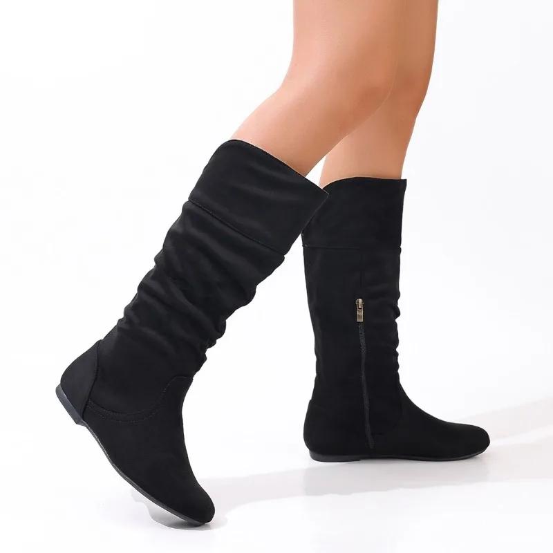Мода 2024 года, женская обувь, высокие женские сапоги, большие размеры, современные сапоги, женские, плиссированные, с круглым носком, с боковой молнией, на низком каблуке, с пряжкой, женские