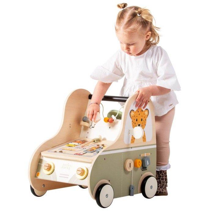Trotteur en Bois Multi-activités Bébé - Voiture à Pousser avec Activités d'éveil et Volant - Dès 12 Mois