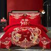 Luxury Dragon & Phoenix Embroidered Wedding Bedding Set - 4-Piece Festive Red Quilt for Newlyweds