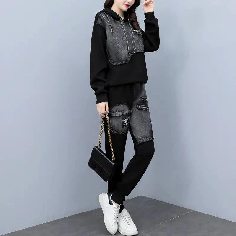 Spring Autumn Fashion Set Women's Versatile Loose and Slim Spliced Denim Hooded Long Sleeve Two Piece Printed Lady Clothing