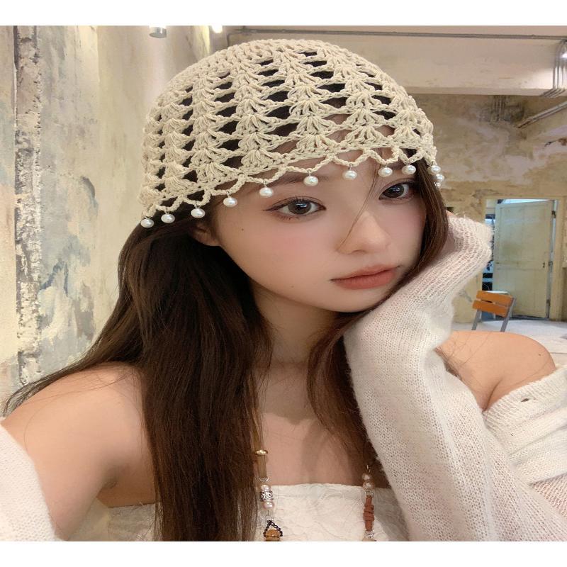 Beige Handmade Crochet Hat Hollow Out Design Faux Pearl Accents Perfect For Boho Daily Wear Vacation Trips