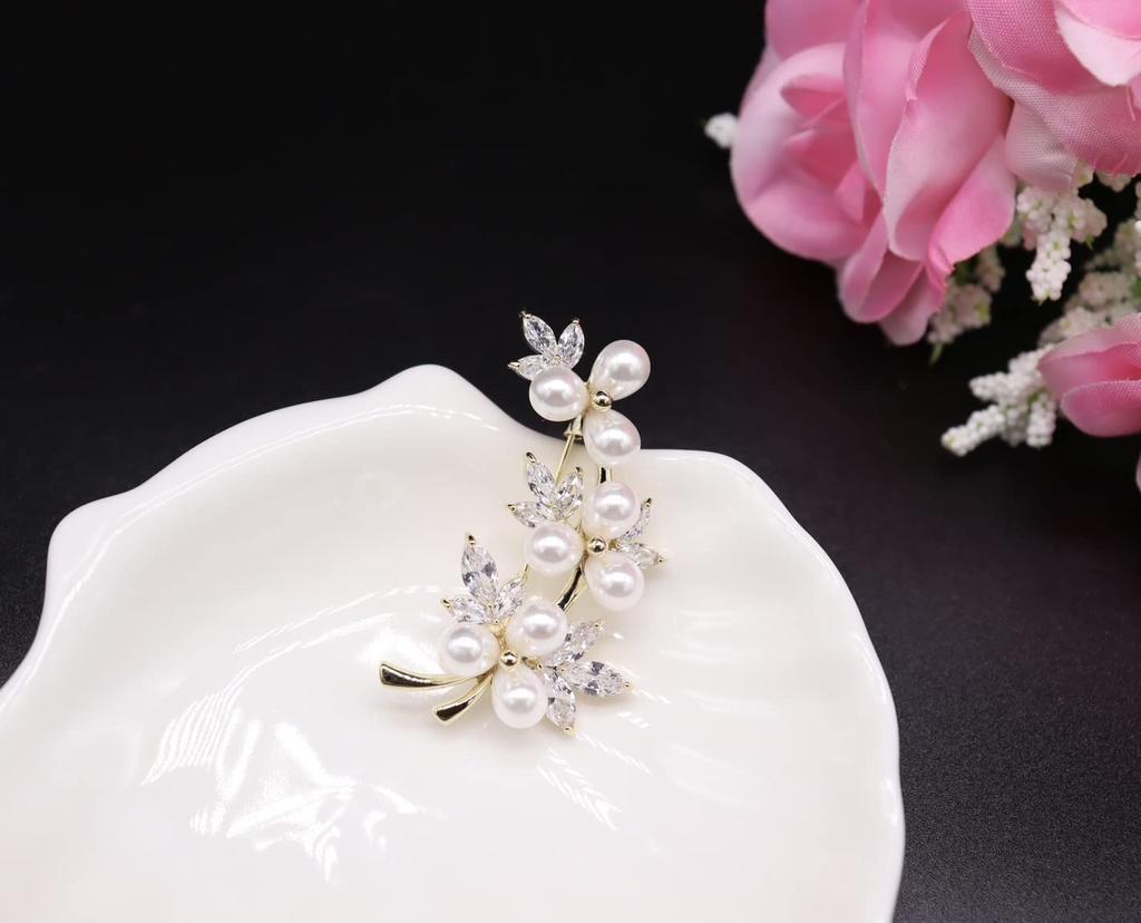 Pearl Flower Brooch Stylish Zircon Pearl Leaf Corsage Flower Chest Decoration Graduation Ceremony Entrance Ceremony Wedding Recital Interview Party