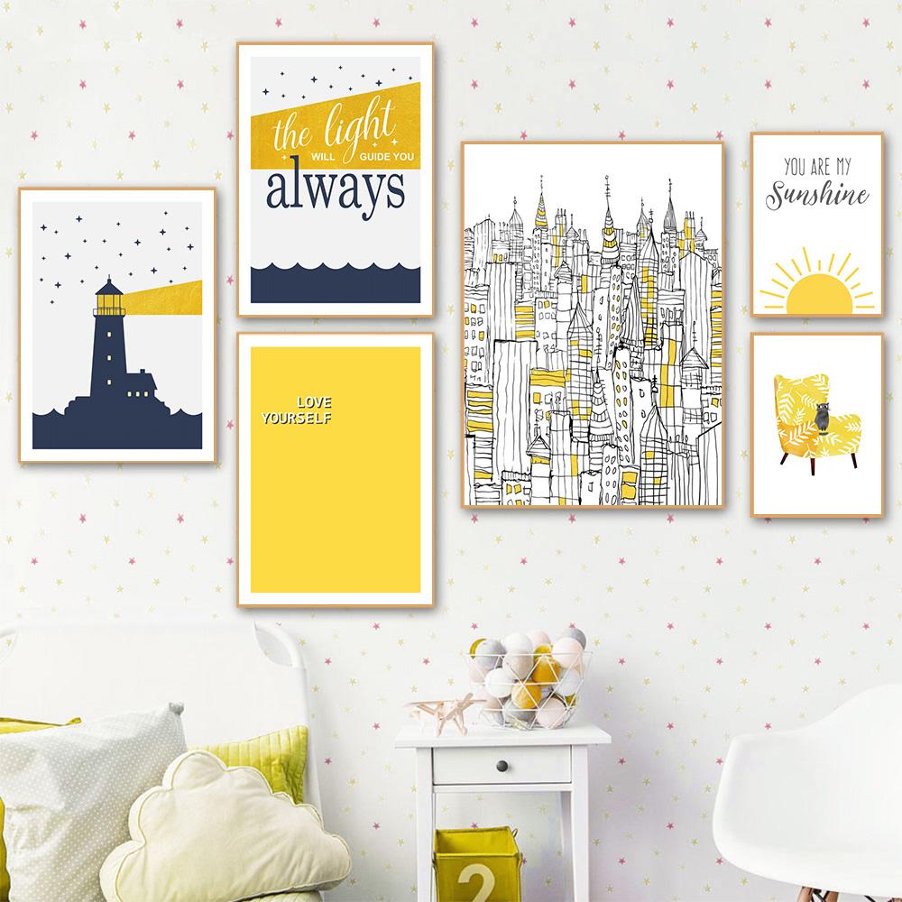 Lighthouse Cartoon Poster Print Sun Night Sky Stars Modular Canvas Painting Nordic Wall Art Pictures Artwork Home Bedroom Decor