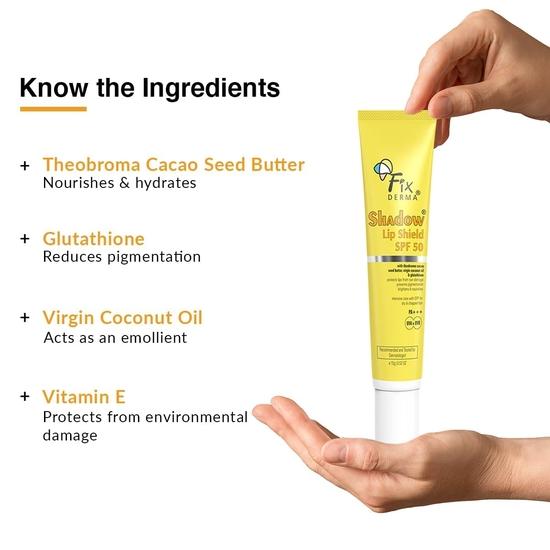 FIXDERMA Shadow SPF 50 Lip Shield PA+++ Бальзам для губ SPF 50 с маслом семян какао теоброма, кокосовым маслом первого отжима и глутатионом предотвращает пигментацию