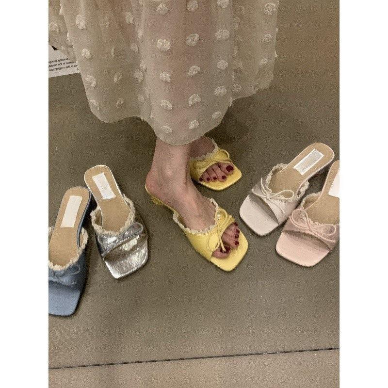 Ретро бант однословные тапочки женские носят толстый каблук крутые тапочки